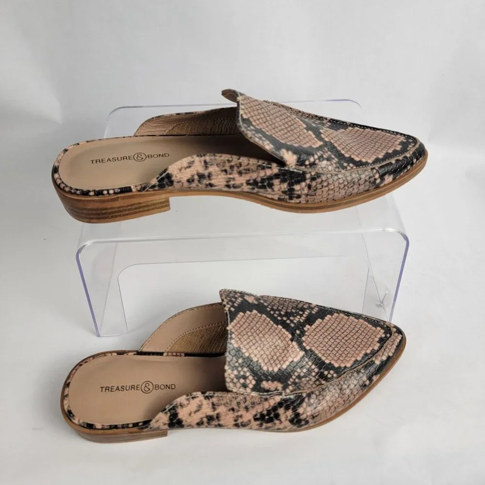 Treasure & Bond Womens 6.5 Tan Snake Print Slip On Mules‎ Business Casual Office